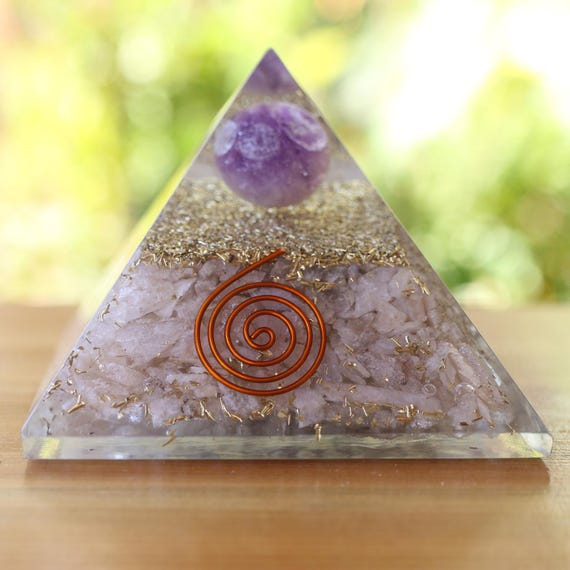 Belomorite Moonstone Orgone Pyramid & Amethyst Sphere 75mm EMF and 5G Protection