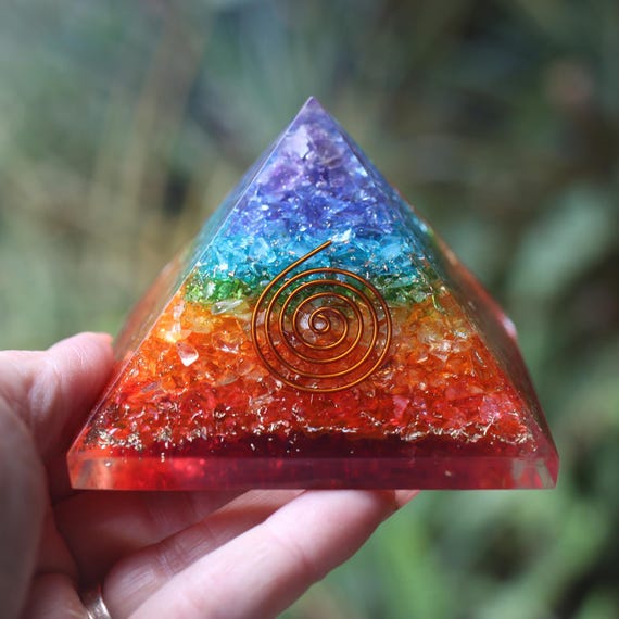 Orgone Pyramid Chakra Rainbow Layered Onyx 75mm, EMF and 5G Orgonite Protection