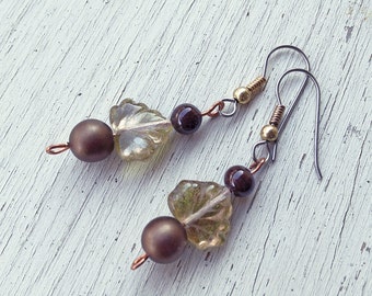 Pearly brown & gold Czech glass leaf earrings