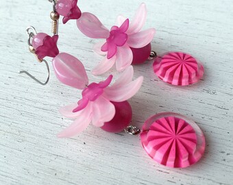 Pink Flower and Vintage Lucite Bauble Drop Earrings