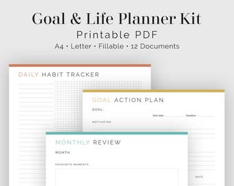 Goal & Life Planner Kit (12 documents) - Fillable - Printable PDF - New Years Resolutions, Life Planner - Goal Planner - Instant Download