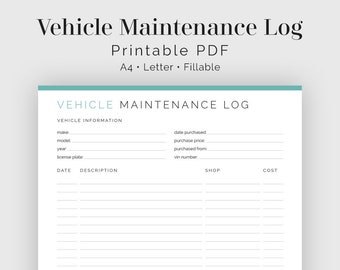 Vehicle Maintenance Log, Auto Maintenance - Fillable - Printable PDF - Household Management - Instant Download