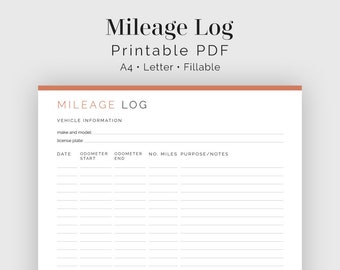 Mileage Log - Fillable - Printable PDF - Household Management - Auto Maintenance - Instant Download