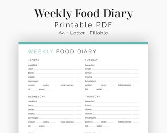 Weekly Food Diary - Fillable - Printable PDF - Health & Fitness Planner - Instant Download