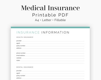 Medical Insurance Information - Fillable  - Health & Medical Log, Medical Binder - Printable PDF - 3 colours - Instant Download