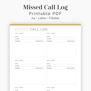 Missed Call Log, Incoming Call Log - Fillable - Printable PDF - Business Planner - Household Binder - Instant Download