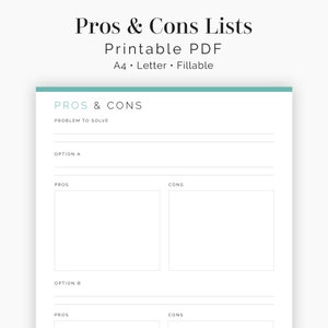 Może przedstawiać: Drukowalny dokument PDF zatytułowany "Listy za i przeciw". Dokument ma turkusowy nagłówek i zawiera sekcje dla "Problem do rozwiązania", "Opcja A" i "Opcja B", z miejscami na wymienianie zalet i wad.