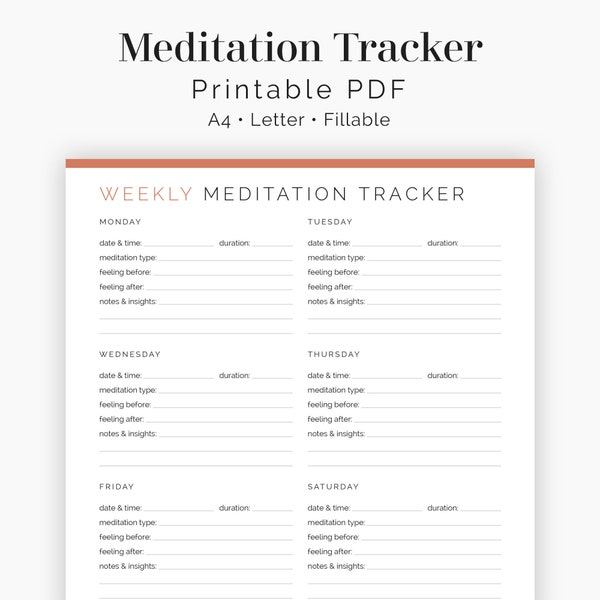 Meditation Tracker - Fillable - Printable PDF - Mental Health Printable, Wellness Journal - Instant Download
