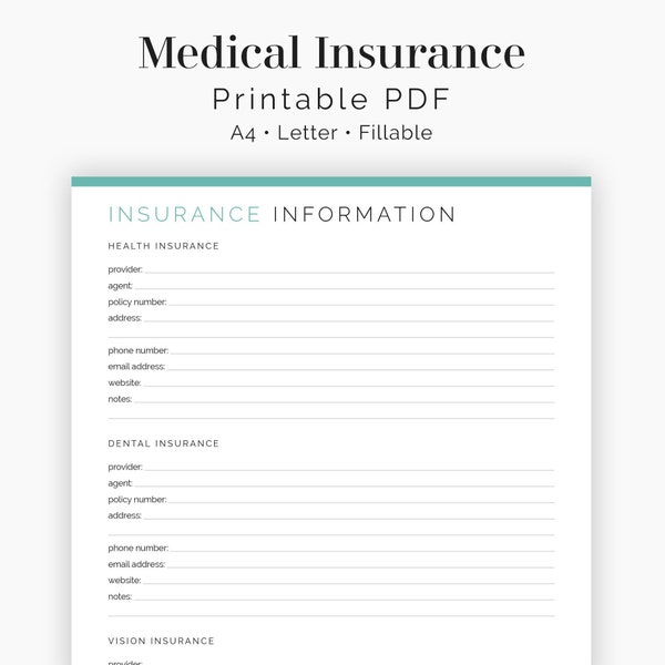 Medical Insurance Information - Fillable  - Health & Medical Log, Medical Binder - Printable PDF - 3 colours - Instant Download