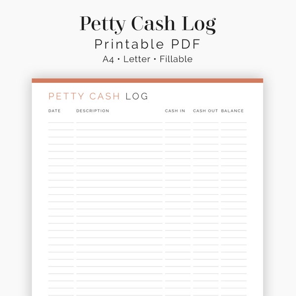 Petty Cash Log - Fillable - Business Planner, Business Finances - Printable PDF - 3 colours - Instant Download
