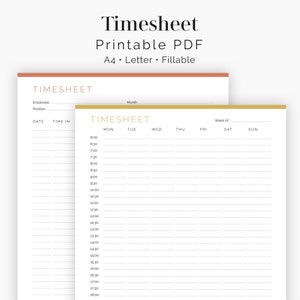 Timesheet (2 layouts) - Fillable - Business Planner, Employee timesheet - Time Management - Printable PDF - 3 colours - Instant Download