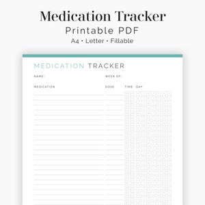 May include: A printable medication tracker in PDF format. The tracker has fields for name, medication, dose, time, and day of the week. The tracker is designed for A4 or Letter size paper and is fillable.