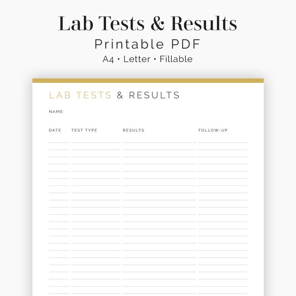 Test di laboratorio e risultati - Compilabile - 2 layout - Registro sanitario e medico, Pianificatore medico - PDF stampabile - 3 colori - Download istantaneo