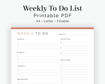 Weekly To Do List v3 - Fillable - Printable PDF - Task Management, Productivity Planner - Business Planner - Instant Download