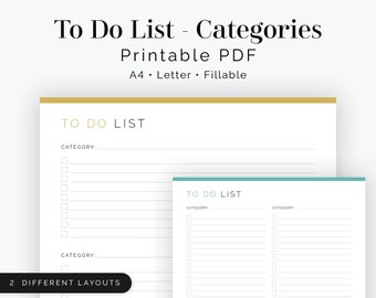 To Do List with Categories (2 versions) - Fillable - Printable PDF - Task Management, Productivity Planner - To Do - Instant Download