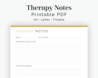 Könnte beinhalten: Druckbare Therapie-Notizvorlage im PDF-Format. Die Vorlage enthält Abschnitte für Datum, wichtige Themen, persönliche Reflexion und die nächste Sitzung. Die Vorlage ist für Papier im Format A4 und Letter konzipiert und ist ausfüllbar.