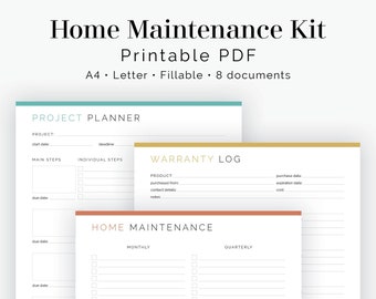 Home Maintenance Kit - 8 documents - House maintenance tasks - Fillable - Printable PDF - Household Management - Instant Download