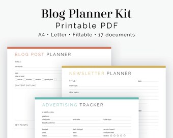 Blog Planner Kit (17 Documents) - Fillable - Printable PDF - Bundled Kit - Business Planner, Blogging Bundle - Instant Download