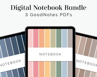 May include: Three digital notebook templates for GoodNotes app. The notebooks feature a striped design with different color palettes: blue and grey, pink and orange, and brown and beige. Each notebook has the word "NOTEBOOK" printed on the cover.
