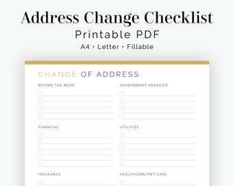 Change of Address Checklist - Fillable - Moving Planner - Printable Organizational PDF - 3 colours - Instant Download