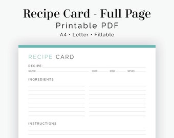 Recipe Card Full Page - Coral, Gold, Teal - Fillable - Printable PDF - Instant Download - Recipe Page, Household Binder