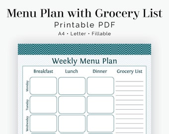Weekly Menu Planner with Grocery List Chevron - Fillable - Printable PDF - Instant Download