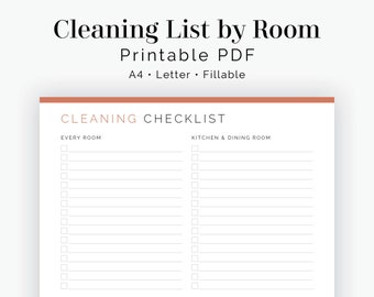 Cleaning Checklist by Room - Fillable - Printable PDF - Household Binder, Cleaning Kit - Instant Download