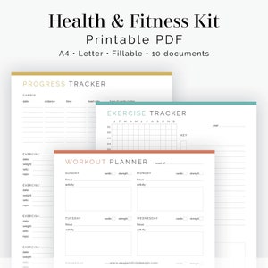 Könnte beinhalten: Druckbarer Gesundheits- und Fitness-Tracker-Kit mit 10 ausfüllbaren Dokumenten. Das Kit enthält einen Fortschritts-Tracker, einen Übungstracker und einen Trainingsplaner. Die Seiten sind minimalistisch gestaltet und haben einen hellgrauen Hintergrund mit schwarzem Text.