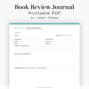 K&ouml;nnte beinhalten: Eine druckbare Buchrezensionsjournal-Vorlage im PDF-Format. Die Vorlage ist f&uuml;r Papier im Format A4 oder Letter konzipiert und ist ausf&uuml;llbar. Das Journal enth&auml;lt Abschnitte f&uuml;r den Buchtitel, den Autor, das Startdatum, das Enddatum, das Genre, das Thema, die Bewertung, eine kurze Zusammenfassung und Kommentare, Notizen und Gedanken.