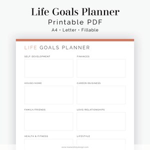 May include: A printable life goals planner with categories for self-development, finances, house/home, career/business, family/friends, love/relationships, health & fitness, and lifestyle. The planner is designed in a minimalist style with a peach colored header.