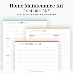 Home Maintenance Kit - 8 documents - House maintenance tasks - Fillable - Printable PDF - Household Management - Instant Download