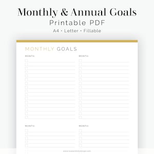 May include: Printable monthly and annual goals planner in PDF format. The planner is designed for A4 or Letter size paper and is fillable. The planner has four sections for monthly goals, each with a space to write the month and a checklist of 12 items.