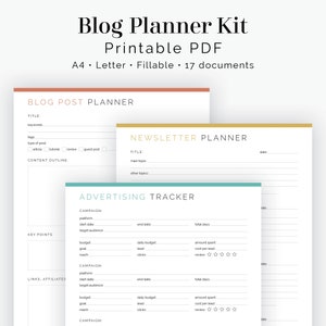 May include: A printable blog planner kit with 17 documents. The kit includes a blog post planner, a newsletter planner, and an advertising tracker. The planners are designed to help bloggers organize their content, track their progress, and manage their advertising campaigns.