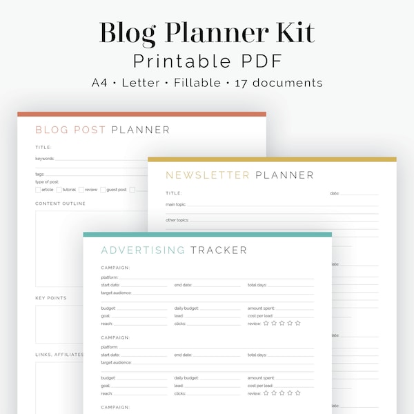 Blog Planner Kit (17 Documents) - Fillable - Printable PDF - Bundled Kit - Business Planner, Blogging Bundle - Instant Download