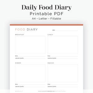 Daily Food Diary - 2 layouts - Fillable - Printable PDF - Dietary Record, Food and Meal Log - Health & Fitness - Instant Download