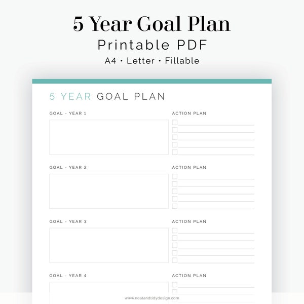Plan d'objectifs sur 5 ans - Remplissable - PDF imprimable - Résolution du Nouvel An, Suivi des objectifs, Changez votre vie - Planificateur de productivité - Téléchargement instantané