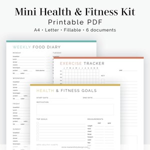 Könnte beinhalten: Ein druckbares Mini-Gesundheits- und Fitness-Kit mit einem wöchentlichen Ernährungstagebuch, einem Trainings-Tracker und Seiten mit Gesundheits- und Fitnesszielen. Die Dokumente sind in A4- und Letter-Größe und sind ausfüllbar. Der Text enthält "Mini Health & Fitness Kit" und "Printable PDF".