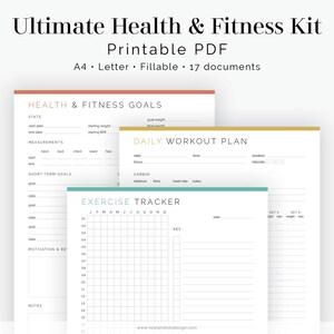 Könnte beinhalten: Ein druckbares Gesundheits- und Fitness-Kit mit 17 Dokumenten. Das Kit enthält Seiten zum Verfolgen von Gesundheitszielen, täglichen Trainingsplänen und Trainingsfortschritten. Die Seiten sind in einem einfachen, modernen Design gehalten und haben ein hellblaues und weißes Farbschema.