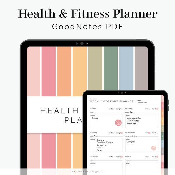 Digital Health & Fitness Planner for GoodNotes (Portrait) - Hyperlinked Tabs - Digital Rainbow Fitness and Meal Planner - Instant Download