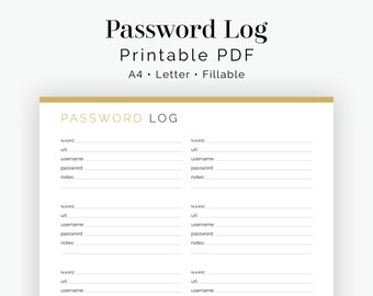 Password Log - 2 layouts - Printable, Fillable PDF - Password Tracker, Password List, Password Organiser - Instant Download