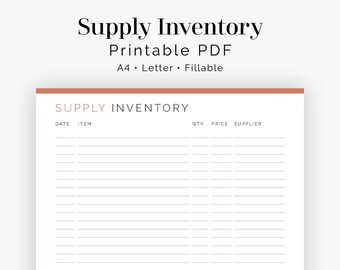 Supply Inventory Log - Fillable - Printable PDF - Business Planner - Instant Download