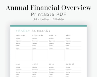 Yearly Financial Overview - Fillable - Printable PDF - Finance Planner - Home Management - Business Planner - Instant Download