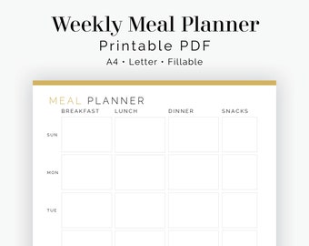 Weekly Meal Planner (Sunday or Monday start) - Fillable - Printable PDF - Meal Planning, Menu Plan - Household Binder - Instant Download