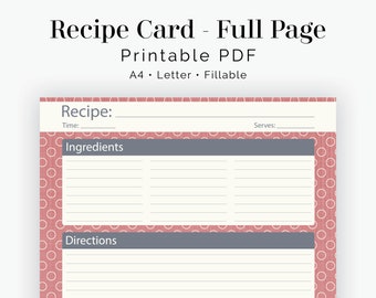 Recipe Card, Full Page - Fillable -  Instant download - Printable PDF