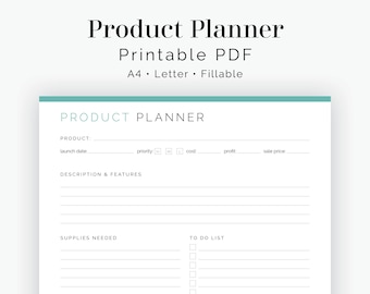 May include: A printable product planner template in PDF format. The template includes sections for product details, description, supplies needed, to-do list, and marketing/launch plan.