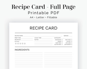 Página completa de la tarjeta de recetas - Blanco y negro - Rellenable - PDF imprimible - Descarga instantánea - Carpeta doméstica