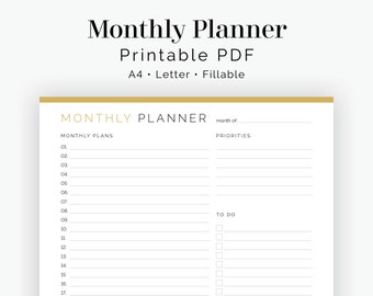 Monthly Planner - Fillable - Printable PDF - Time Management, Productivity Planner, School Calendar - Household Binder - Instant Download