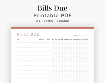 Bills Due - Fillable - Printable PDF - Finance Planner - Finance Tracker - Instant Download