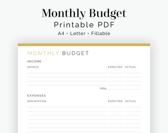 Monthly Budget - Fillable - Printable PDF - Finance Planner - Home Management - Business Planner - Instant Download