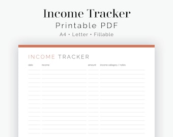 Income Tracker - Fillable - Printable PDF - Finance Planner - Home Management - Business Planner - Instant Download